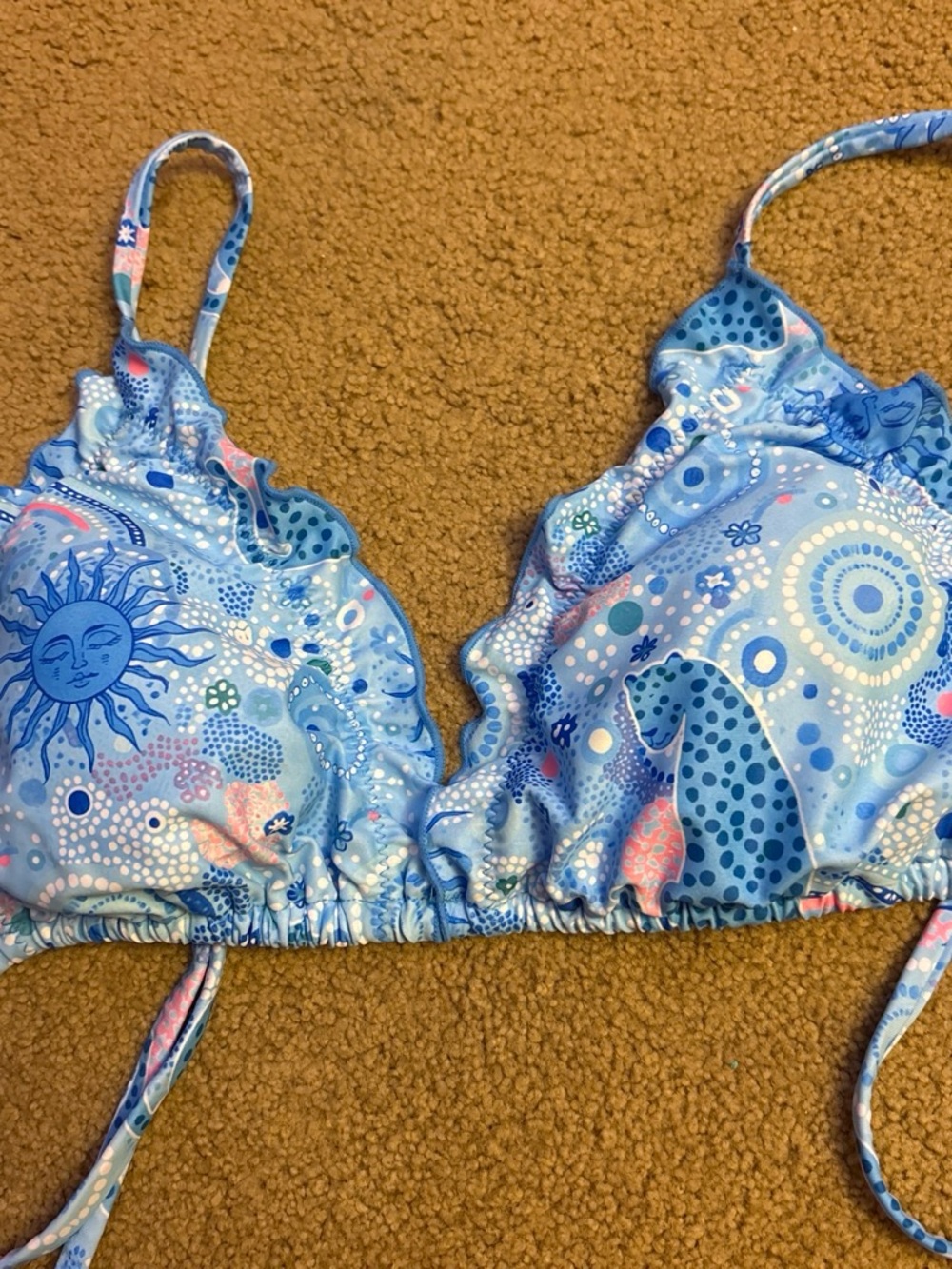 SHEIN Blue Printed Ruffle Triangle Bikini Top